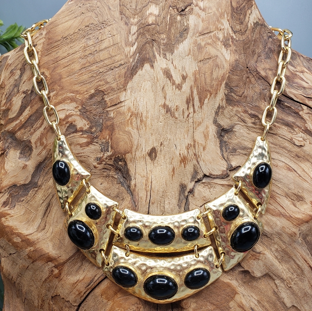 Graziano Hammered Gold w/ Black Cabochon Industrial Statement Organic Revival